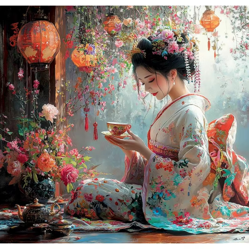 Japanese Women Lifestyle - Japanese Style Woman Oil Painting By